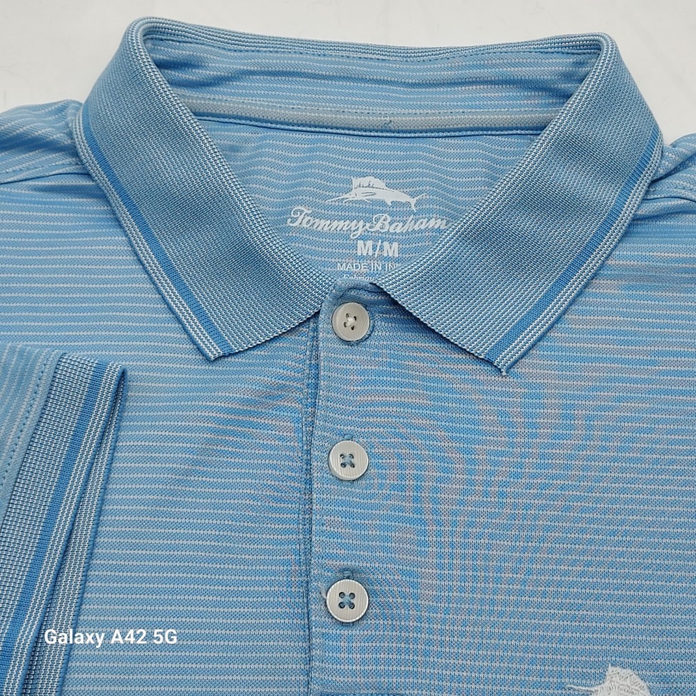 Tommy Bahama Men's Polo Shirt Medium M Blue Striped‎ Golf Casual